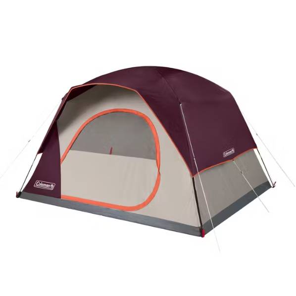 A maroon and grey camping tent with orange trim.