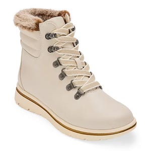 A light beige lace-up boot with fur lining at the top and a tan sole.