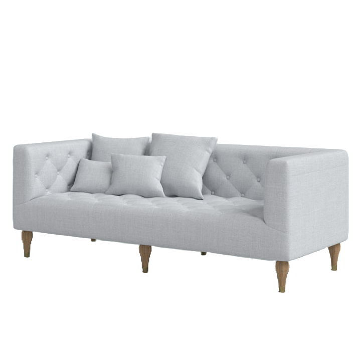 A light gray, upholstered tufted sofa with a modern design features a straight back, low squared arms, and wooden legs. It includes multiple square and rectangular pillows for added comfort.