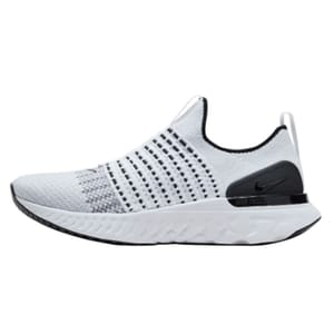 The Nike React Phantom Run Flyknit 2 features a sleek, laceless design in white and black with a soft, flexible Flyknit upper. The shoe includes a cushioned React foam sole for comfort, ideal for running and casual wear.