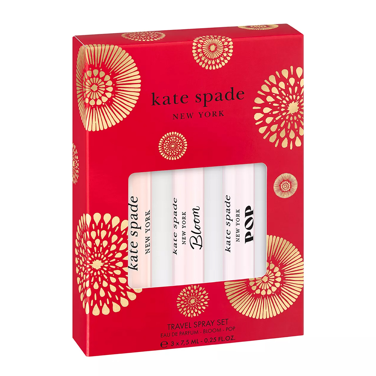 Kate Spade New York Travel Spray Set features three eau de parfums: Kate Spade, Bloom, and Pop. Each bottle contains 7.5 ml (0.25 fl oz). The packaging is red with gold floral designs.
