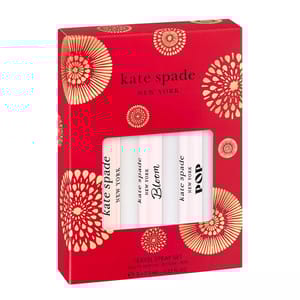Kate Spade New York Travel Spray Set features three eau de parfums: Kate Spade, Bloom, and Pop. Each bottle contains 7.5 ml (0.25 fl oz). The packaging is red with gold floral designs.