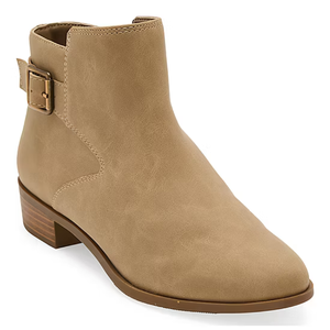 Tan ankle boot with a stacked low heel, buckle strap detail, and a smooth finish.