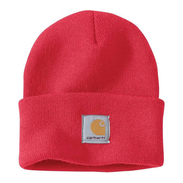 Red acrylic beanie with a fold-over cuff, featuring the Carhartt logo patch on the front.