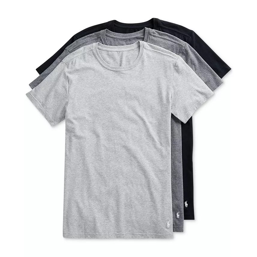 A set of three crew neck T-shirts in gray, dark gray, and black, each featuring a small embroidered logo on the lower left hem.