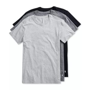 A set of three crew neck T-shirts in gray, dark gray, and black, each featuring a small embroidered logo on the lower left hem.