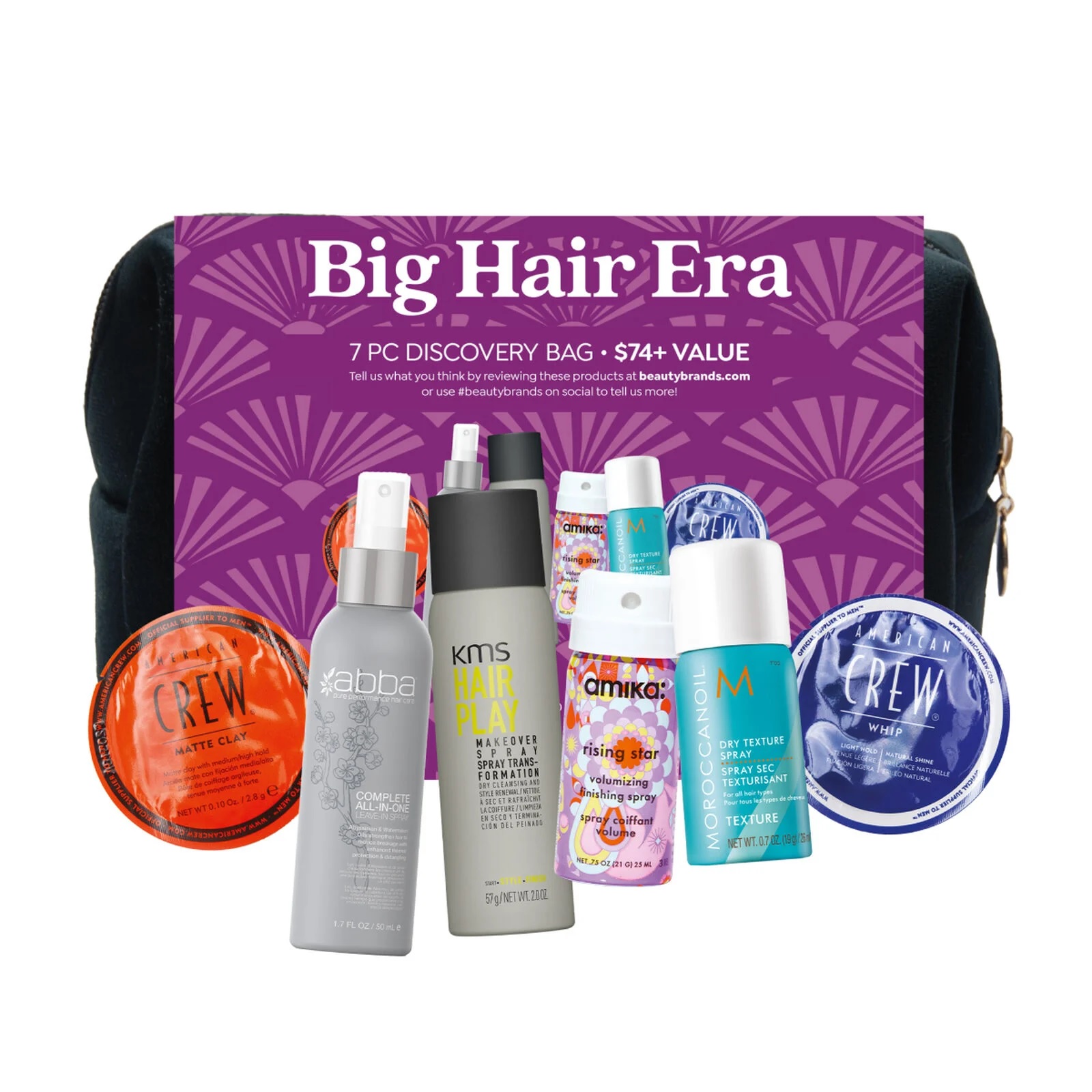 \“Big Hair Era\“ 7-piece discovery bag includes American Crew Matte Clay and Whip, Abba Complete All-in-One, KMS HairPlay Makeover Spray, Amika Rising Star Spray, and Moroccanoil Dry Texture Spray. Valued at $74+.