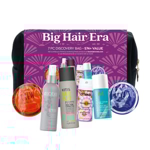 \“Big Hair Era\“ 7-piece discovery bag includes American Crew Matte Clay and Whip, Abba Complete All-in-One, KMS HairPlay Makeover Spray, Amika Rising Star Spray, and Moroccanoil Dry Texture Spray. Valued at $74+.