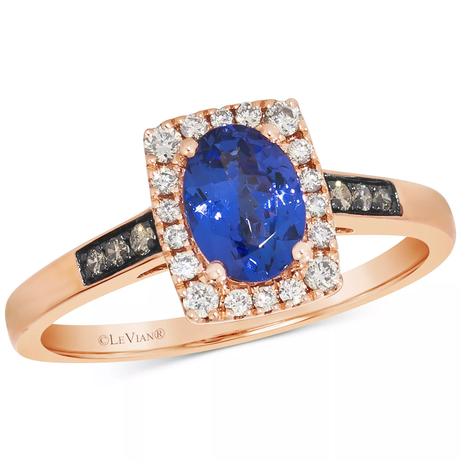 A rose gold ring featuring a large oval blue gemstone, surrounded by a halo of small white diamonds, and a band with chocolate diamonds on the sides.