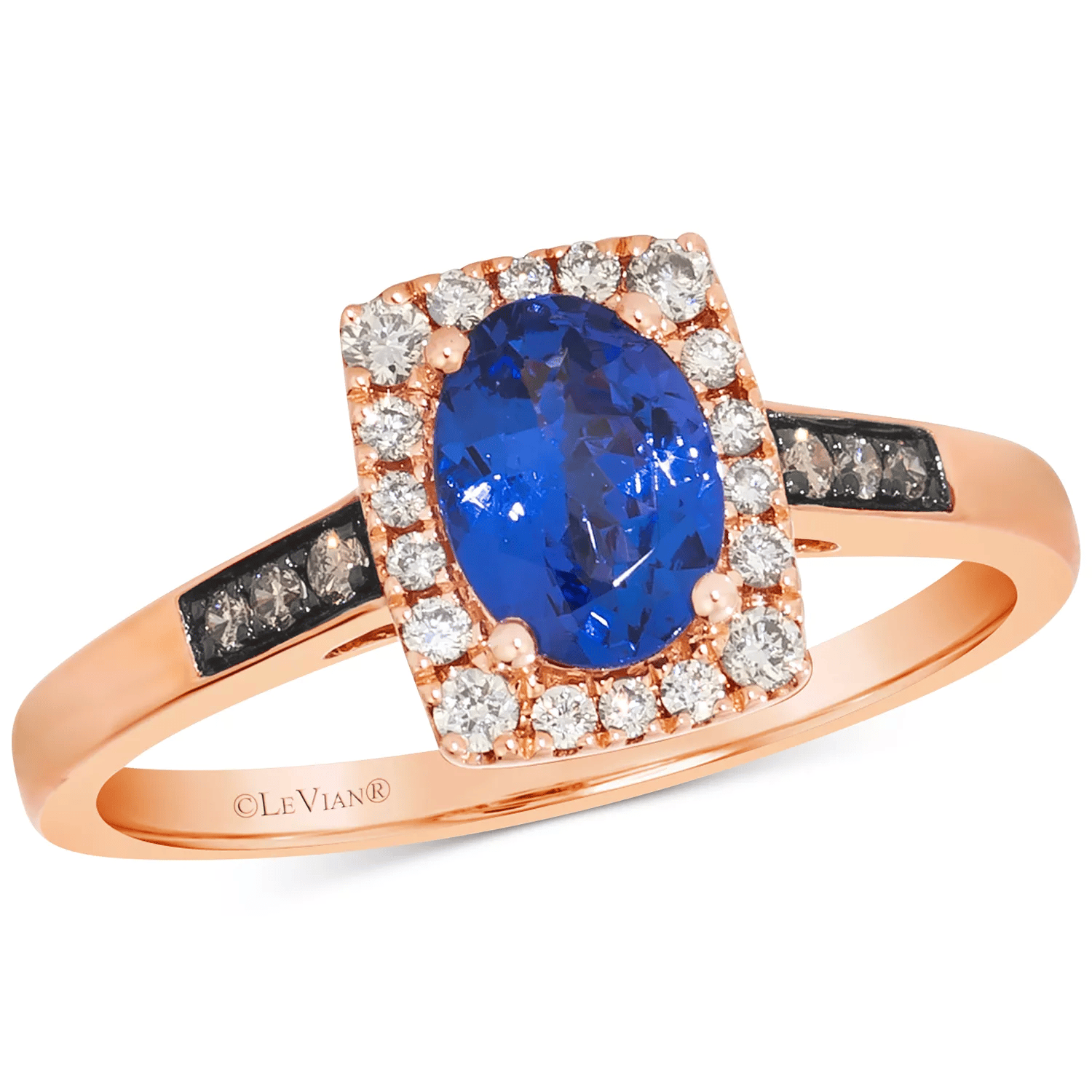 A rose gold ring featuring a large oval blue gemstone, surrounded by a halo of small white diamonds, and a band with chocolate diamonds on the sides.
