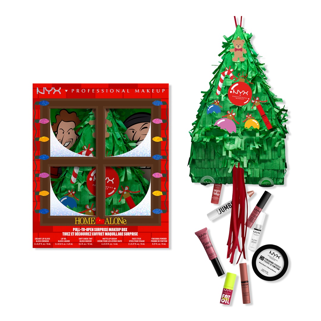 A NYX Professional Makeup set featuring a \“Home Alone\“ themed surprise box with cartoon characters and a Christmas tree design. Includes assorted lip glosses, matte lip cream, liquid lipstick, finishing powder, and more.