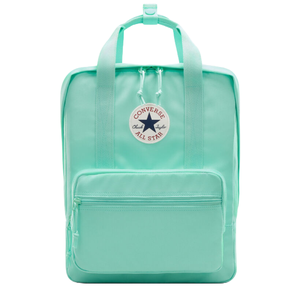 A mint green Converse backpack with a round \“Chuck Taylor All Star\“ logo. It features a front zippered pocket and two top handles.