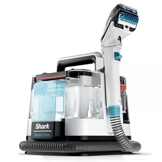 Shark StainStriker portable carpet and upholstery cleaner with a detachable cleaning wand and water tanks for effective spot cleaning.