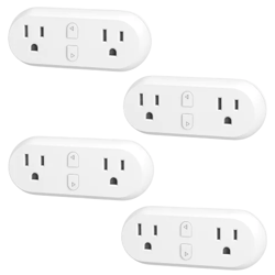 Four white dual electrical wall outlets with two plug sockets and two small buttons on each unit.