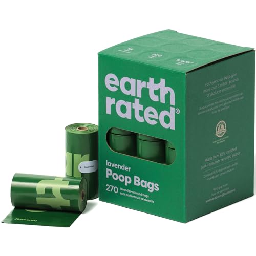 The photo shows a box of Earth Rated Dog Poop Bags, with 270 lavender-scented bags displayed alongside two green-colored rolls.