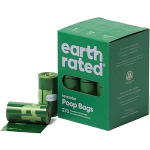 The photo shows a box of Earth Rated Dog Poop Bags, with 270 lavender-scented bags displayed alongside two green-colored rolls.