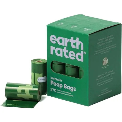 The photo shows a box of Earth Rated Dog Poop Bags, with 270 lavender-scented bags displayed alongside two green-colored rolls.