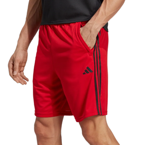 Red athletic shorts with black stripes and the Adidas logo.