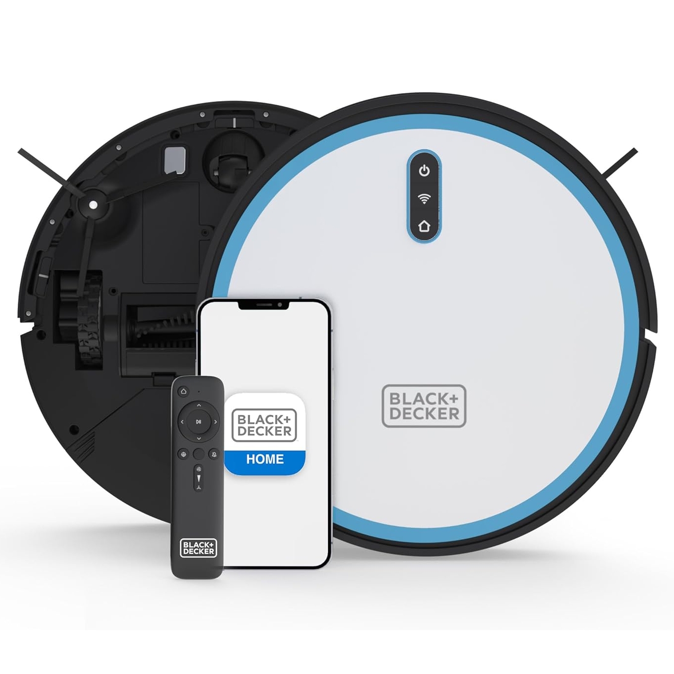 Refurbished Black & Decker Robot Vacuum with black and white design, featuring Wi-Fi connectivity, a remote control, and a smartphone app interface.