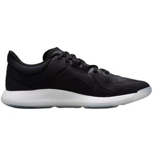 A black athletic sneaker with a low-top design, featuring a white sole and lace-up closure.