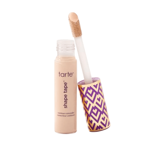 Tarte Shape Tape contour concealer features a purple and gold patterned cap with a doe-foot applicator wand.