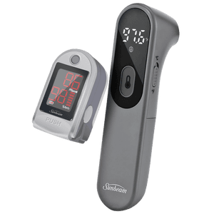 Pulse oximeter and infrared forehead thermometer.