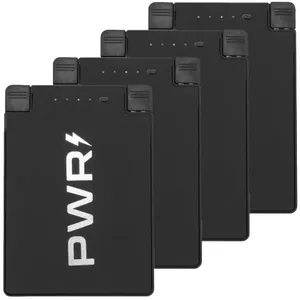 Four compact black power banks labeled \“PWR\“ with built-in connectors and LED indicator lights.