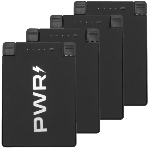 Four compact black power banks labeled \“PWR\“ with built-in connectors and LED indicator lights.