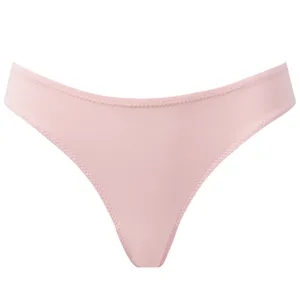 Pink thong underwear featuring stitched seams, designed for minimal coverage and a sleek fit.