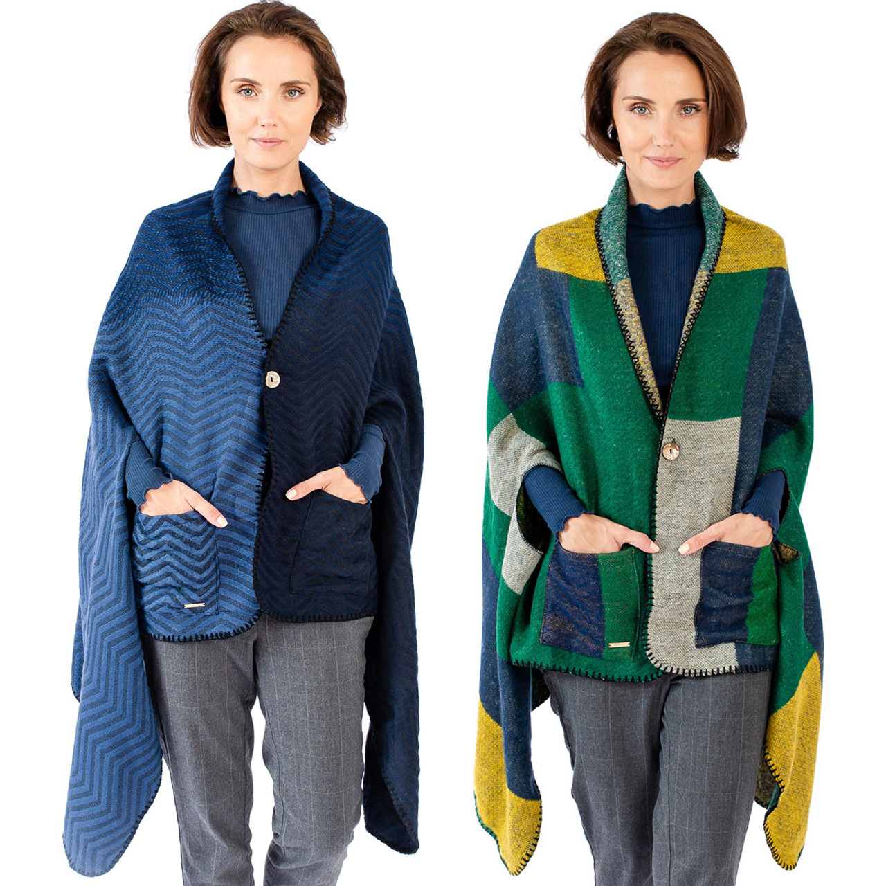Two cardigan shawl capes are presented; one is in solid navy with a textured pattern and the other shows a multicolored plaid design, both featuring a single button closure.