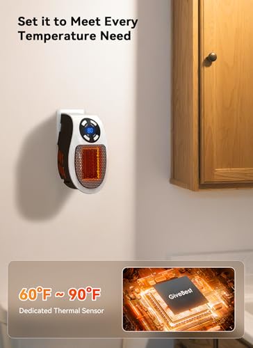 Wall-mounted compact electric heater with adjustable temperature settings from 60°F to 90°F, featuring a dedicated thermal sensor.