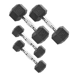 A set of three pairs of hex dumbbells with rubber-coated weights and chrome handles, labeled with weights of 5, 10, and 20 kilograms.