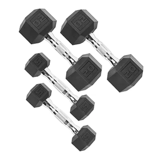 A set of three pairs of hex dumbbells with rubber-coated weights and chrome handles, labeled with weights of 5, 10, and 20 kilograms.