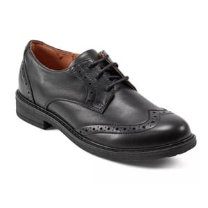 Black leather oxfords with brogue detailing, featuring a round toe, lace-up closure, and a cushioned sole for added comfort.