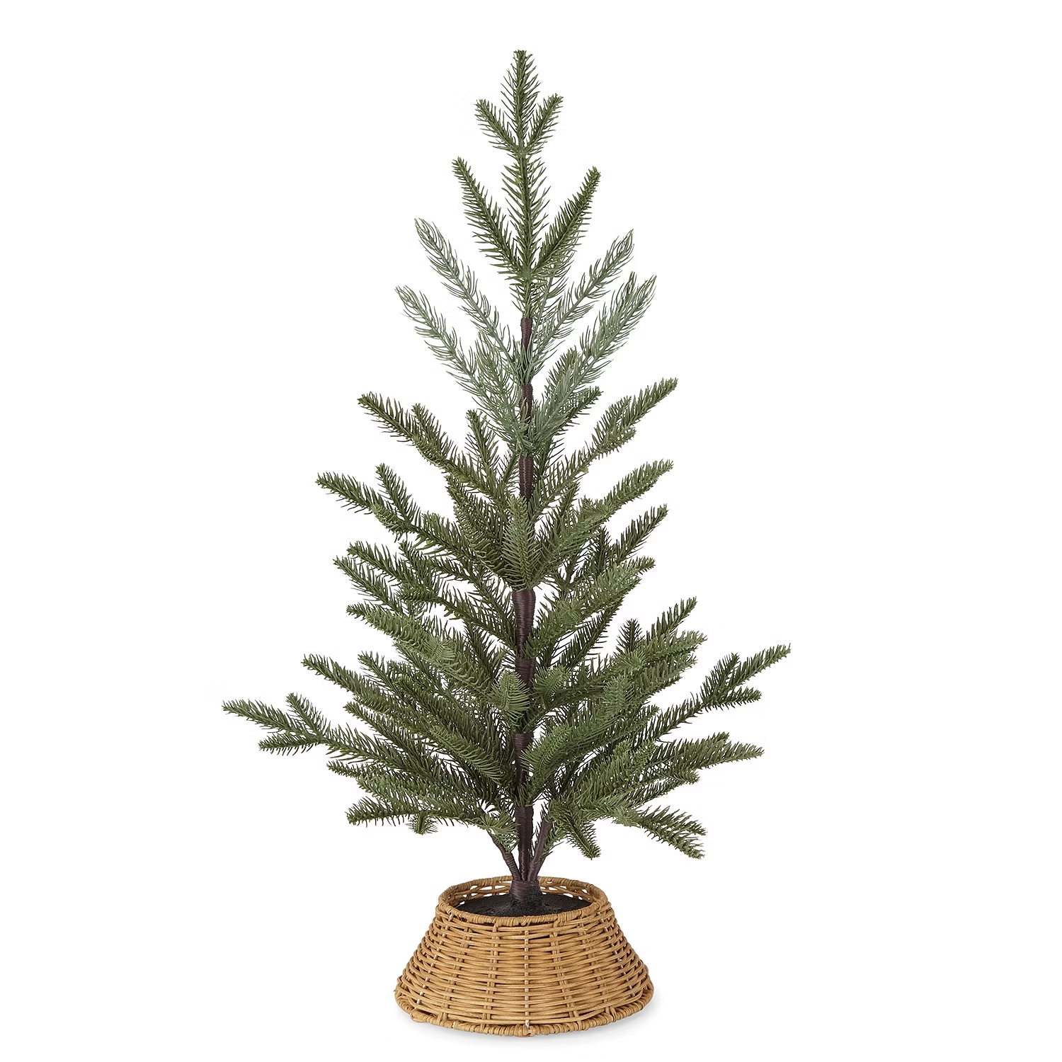 This is a small artificial Christmas tree with realistic needle-like foliage, standing at 25 inches tall, and housed in a simple wicker basket base.