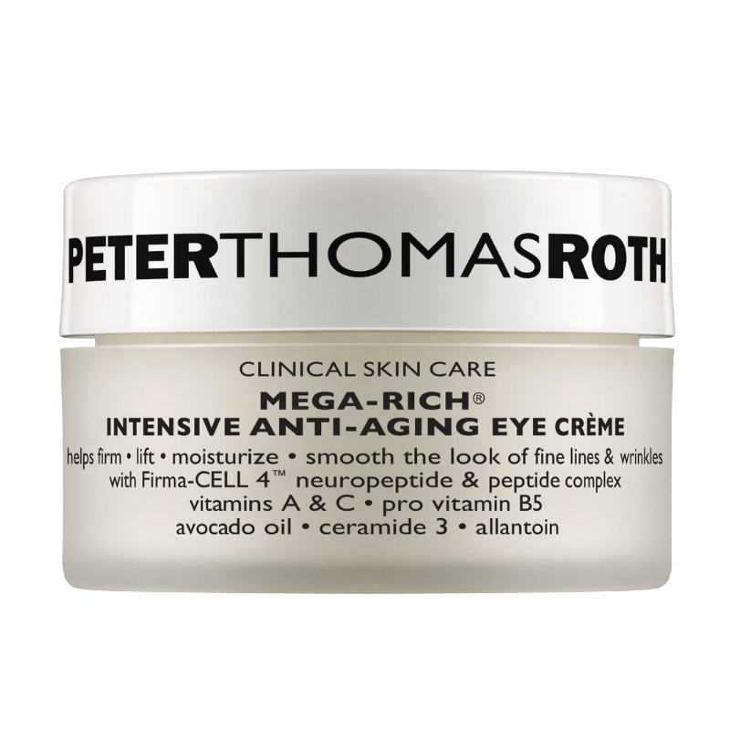 Peter Thomas Roth Mega-Rich Intensive Anti-Aging Eye Crème, designed to firm, lift, and moisturize, with Firma-Cell 4, vitamins A and C, pro-vitamin B5, avocado oil, ceramide 3, and allantoin for smoothing fine lines and wrinkles.