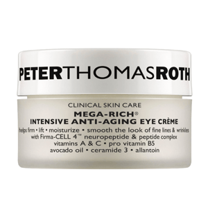 Peter Thomas Roth Mega-Rich Intensive Anti-Aging Eye Crème, designed to firm, lift, and moisturize, with Firma-Cell 4, vitamins A and C, pro-vitamin B5, avocado oil, ceramide 3, and allantoin for smoothing fine lines and wrinkles.