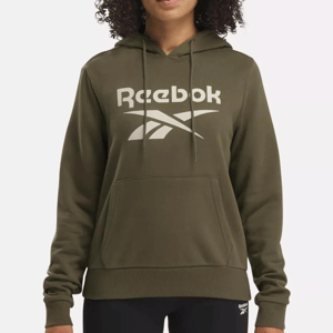 A person wearing an olive green Reebok hoodie with the brand's logo on the front.