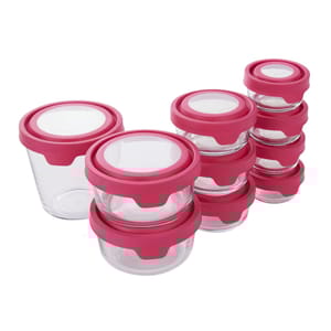 20-piece Anchor Hocking Food Storage Set with round, clear glass containers and pink airtight lids. Ideal for storing leftovers, meal prep, or organizing in the kitchen.