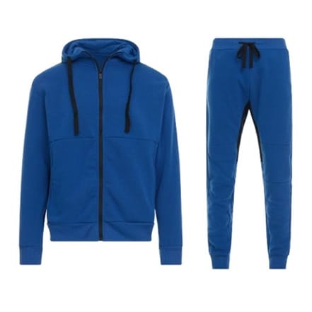 Men's fleece hoodie and jogger set in blue features a zip-up hoodie with a drawstring hood and matching jogger pants with black drawstrings and cuffed ankles.