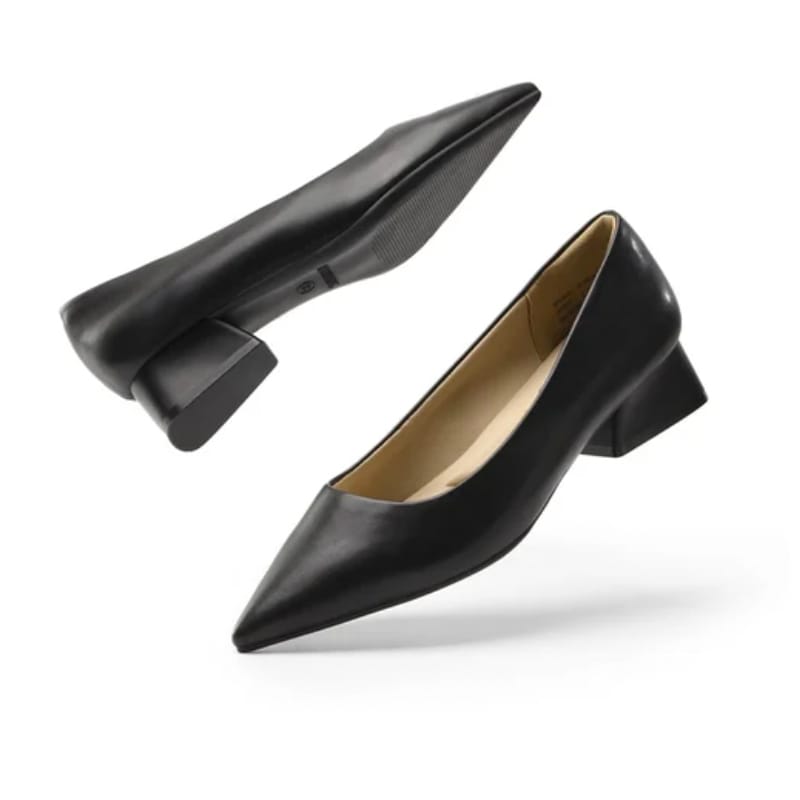 A pair of black, pointed-toe, mid-heel women's shoes.