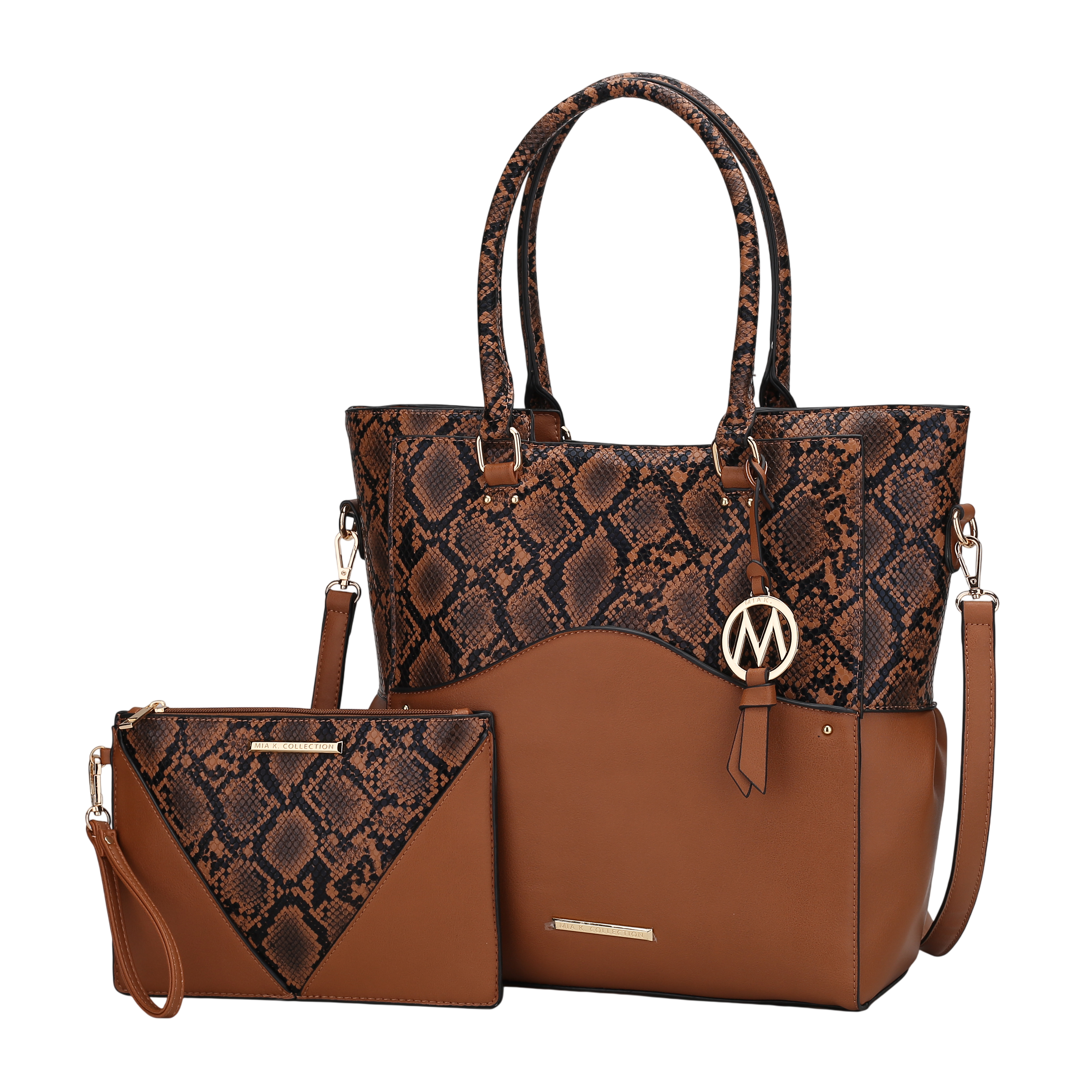 A brown and black snakeskin-patterned handbag with a matching wristlet pouch. The handbag features a metal charm and a detachable strap.