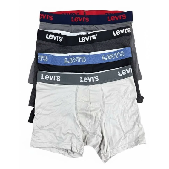 Four pairs of Levi's boxer briefs in different colors are stacked, featuring elastic waistbands with the brand's logo.