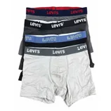 Four pairs of Levi's boxer briefs in different colors are stacked, featuring elastic waistbands with the brand's logo.