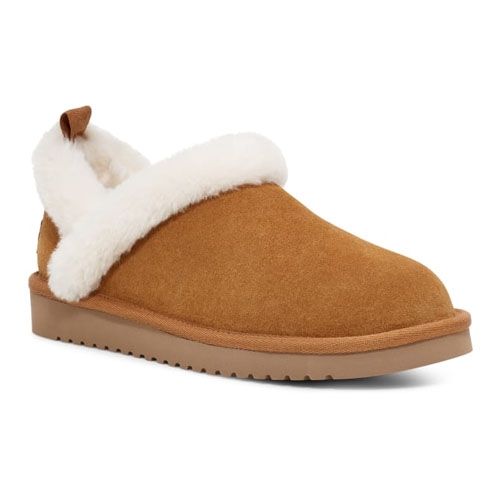 Brown suede slip-on shoes with a plush white lining and a chunky, light brown rubber sole.