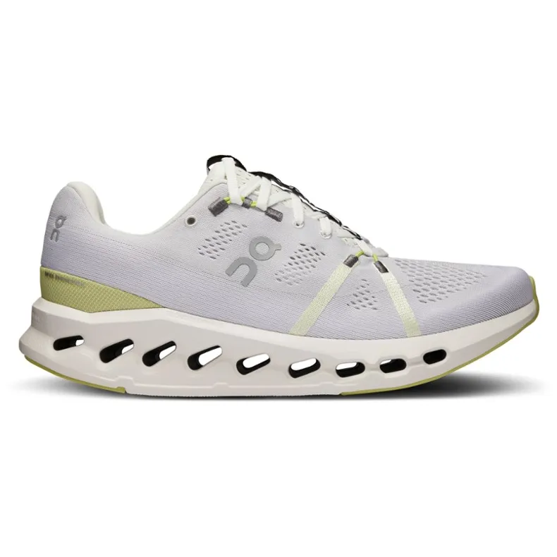 A single light gray running shoe with distinctive black and yellow accents and a unique cut-out sole design.