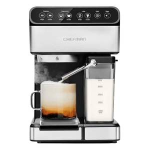 A Chefman espresso machine with buttons for espresso, cappuccino, latte, and froth, featuring a milk frother and a visible milk container showing measurements.