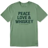 Green t-shirt with the text \“PEACE LOVE & WHISKEY\“ followed by \“LIFE IS GOOD\“.