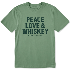 Green t-shirt with the text \“PEACE LOVE & WHISKEY\“ followed by \“LIFE IS GOOD\“.