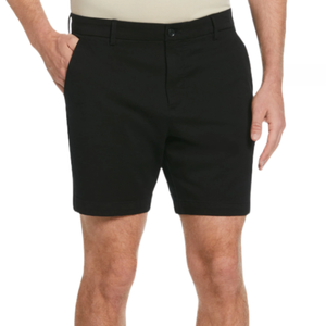 Men's black slim-fit shorts with a button closure and belt loops, designed with side and back pockets, ending above the knee.